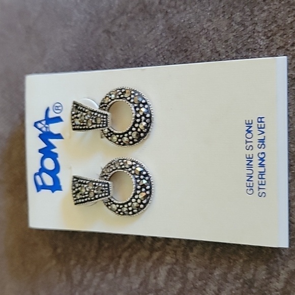 BOMA 925 Oxidized Silver Petite Marcasite Open Circle Dangle Post Earrings - Picture 2 of 4